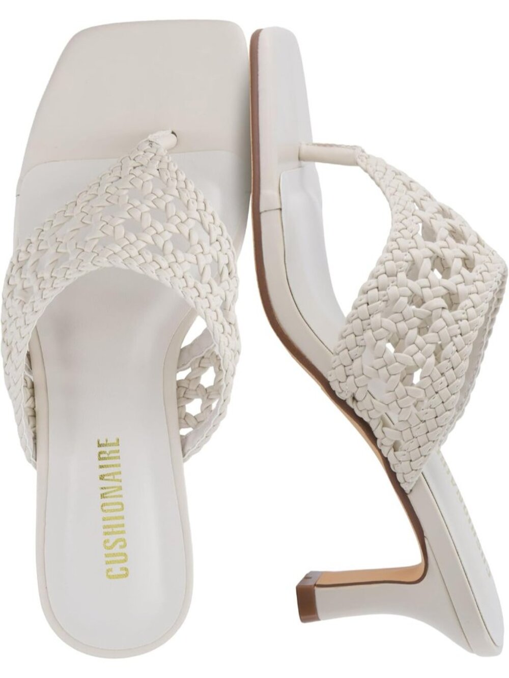 Women's Bone Faux Leather Square Toe Woven Braided Strap Kitten Heel Sandals